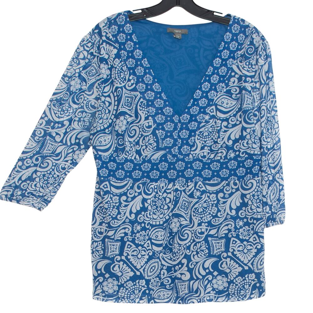 Apt 9 Top 3/4 Sleeve Sheer Boho V Neck Festival Hippie Casual Blue White Size XL